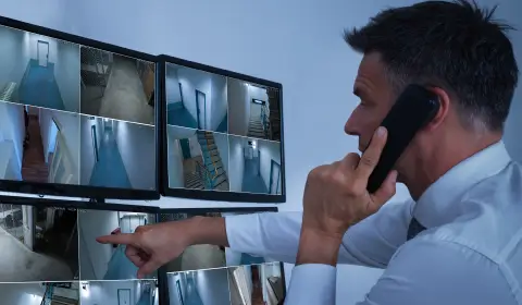 Operator verifying an alarm on live camera feeds and calling for response