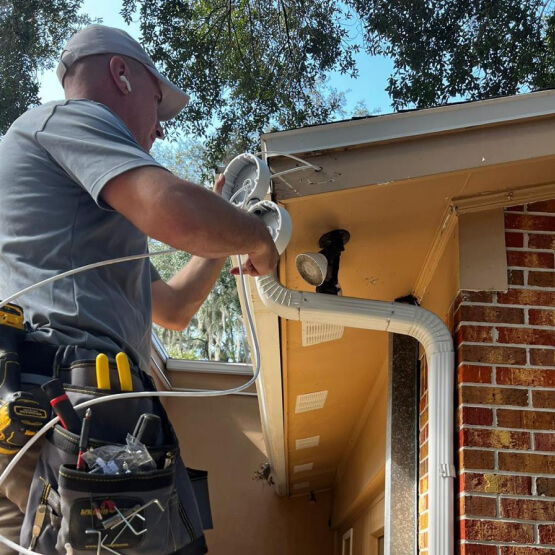 Technician installing a home security camera on a Dallas home